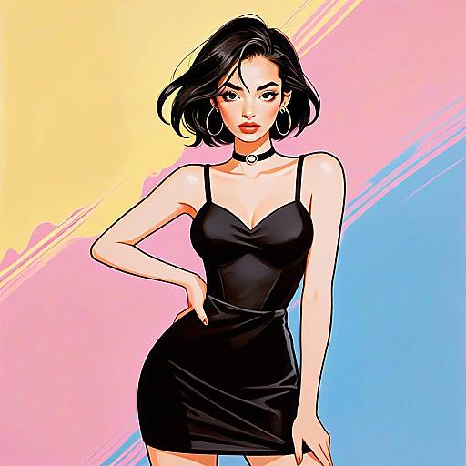 Stylish Woman in Black Dress Digital Illustration with Pastel Background