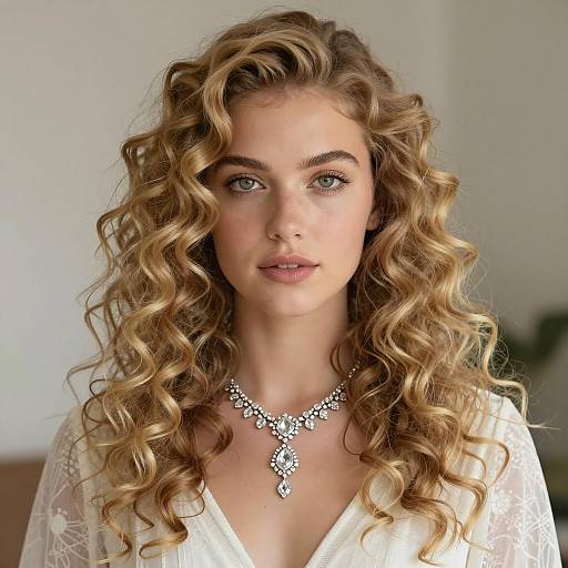 Elegant Blonde Woman with Curly Hair and Sparkling Necklace Portrait