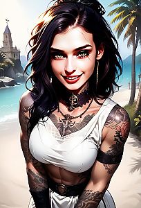 Confident Woman with Tattoos on Sunny Beach