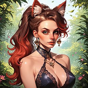 Confident Woman with Red Hair in Lush Garden