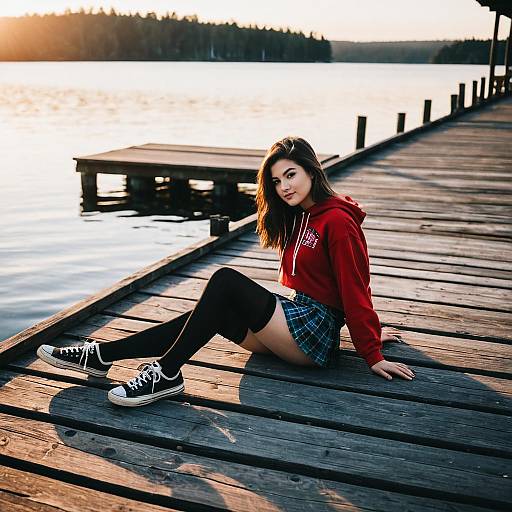 Young Woman Relaxing on Wooden Dock by Lake at Sunset