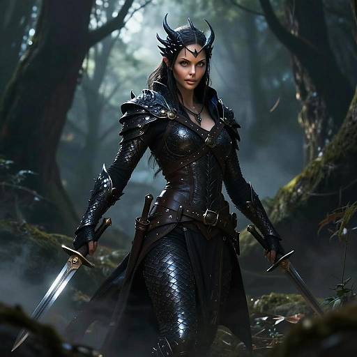 Dark Fantasy Woman Warrior in Leather Armor with Twin Swords