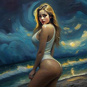 Blonde Woman in White Bodysuit at Dusk on Beach - Impressionist Style