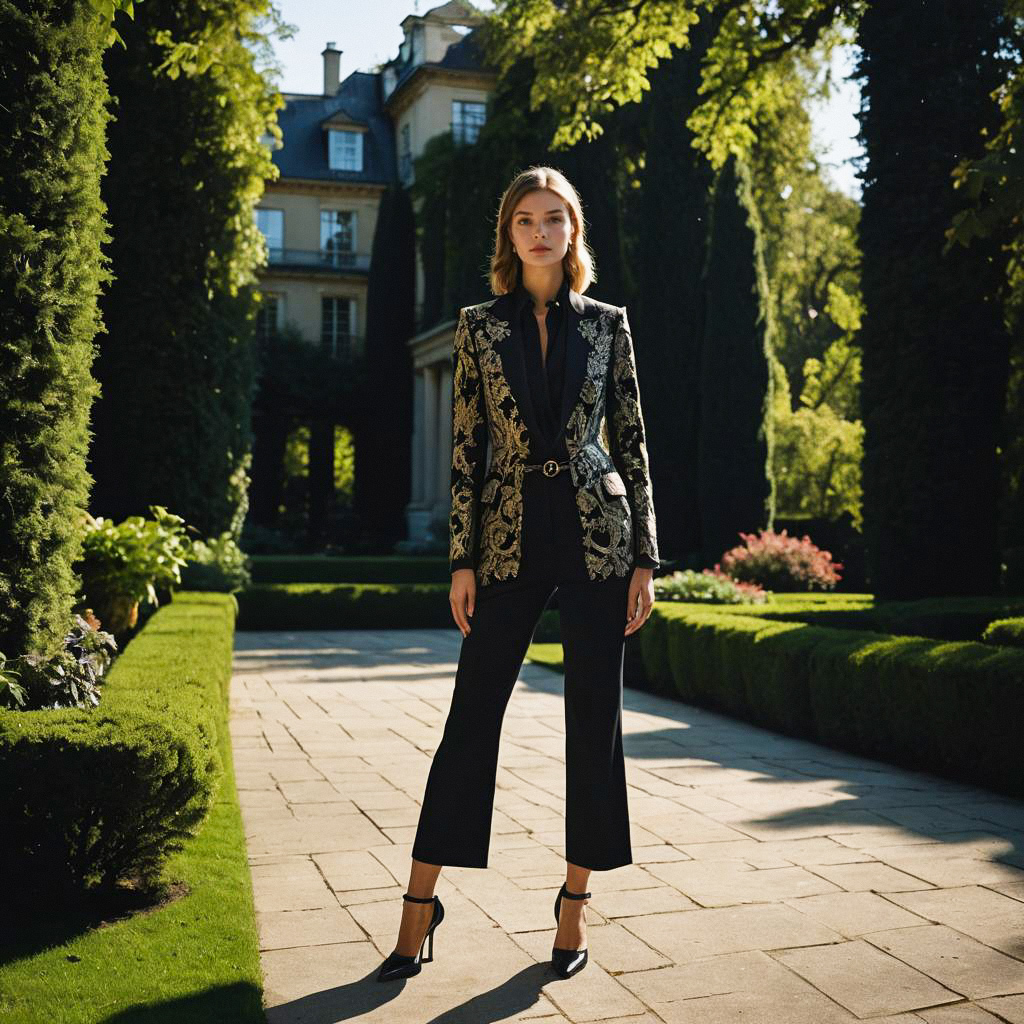Stylish Woman in Elegant Garden with Black and Gold Blazer