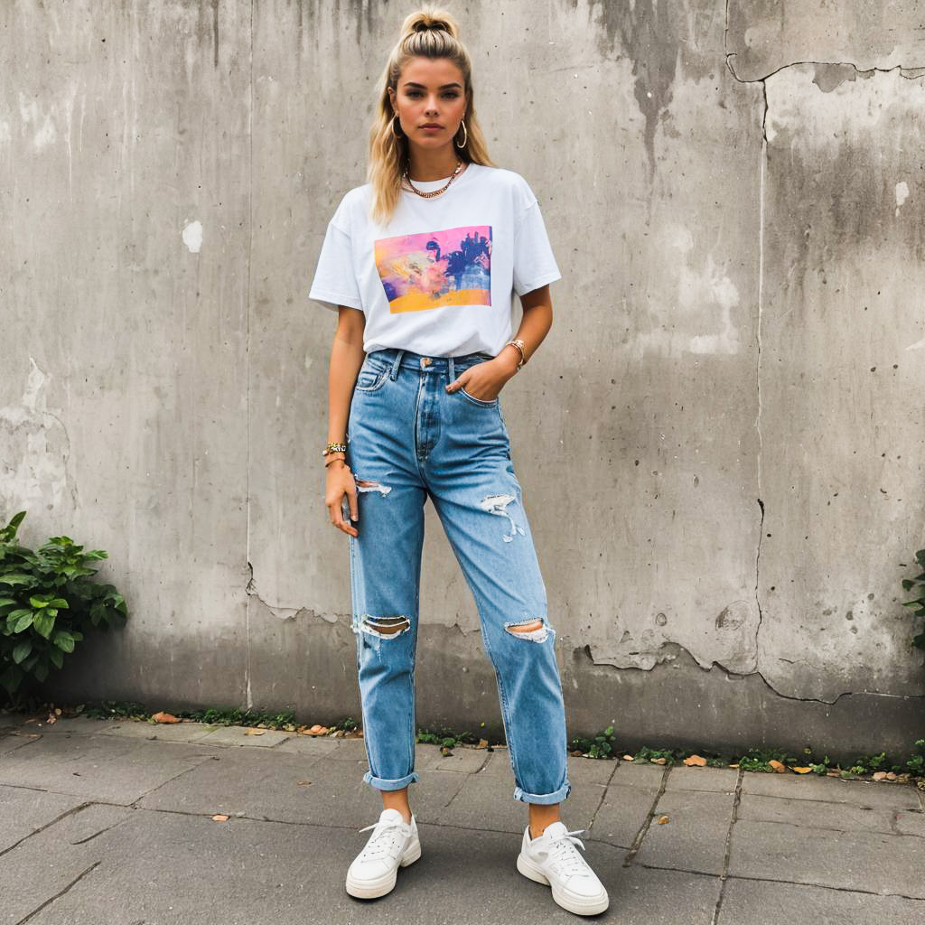 Confident Woman in Trendy Outfit Against Concrete Wall