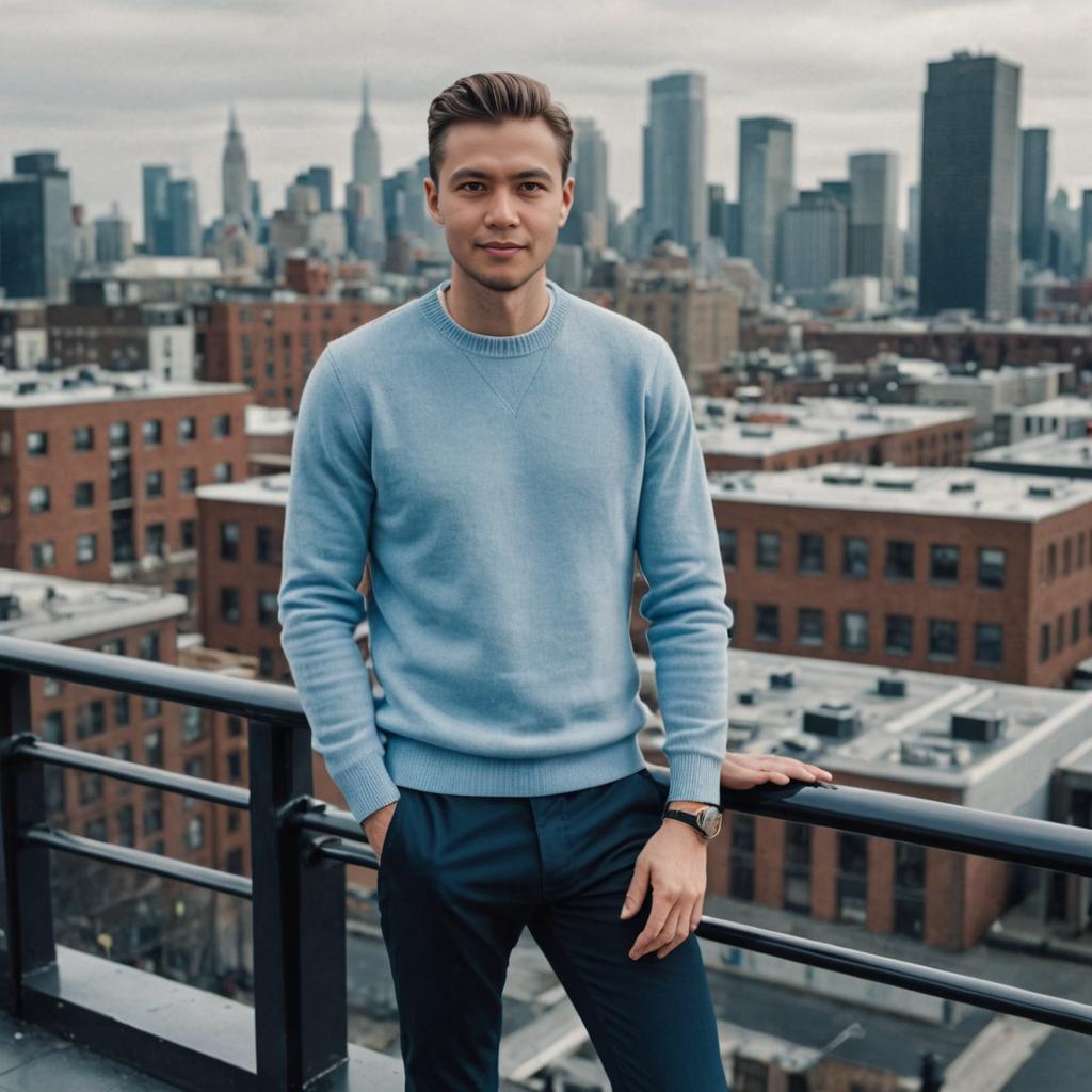 Stylish man in blue sweater against urban backdrop