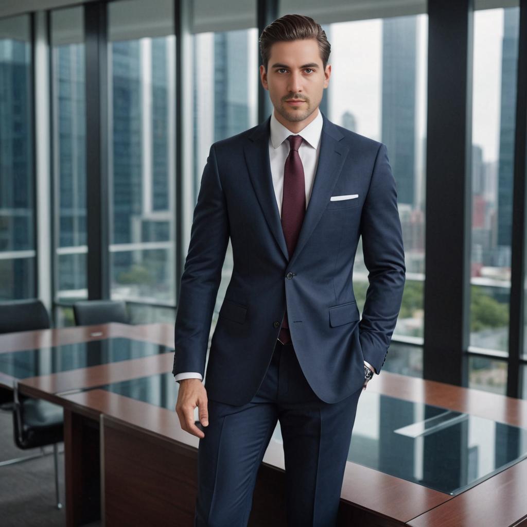 Confident Man in Tailored Navy Suit in Modern Office