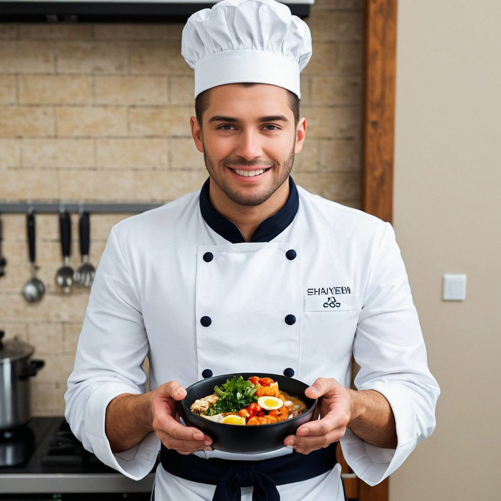 Male Chef Presenting a Plated Dish Male Chef Presenting a Plated Dish