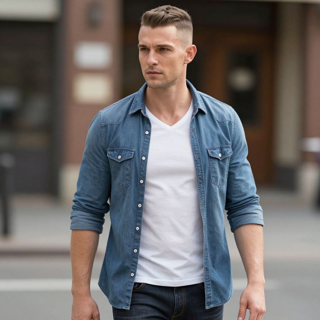 Young Man in Casual Denim Shirt and White T-shirt Outdoor Urban Style
