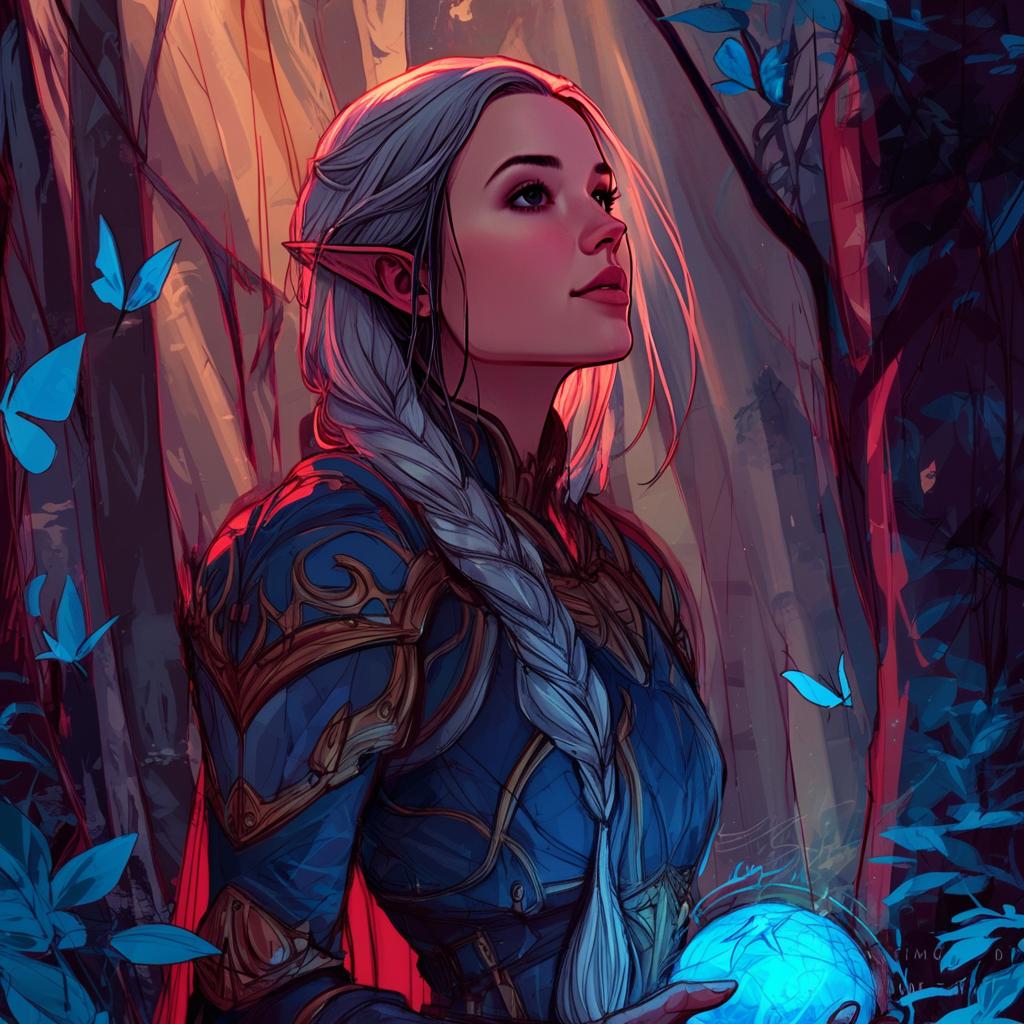 Fantasy Elf Woman in Blue Armor with Magical Orb in Enchanted Forest