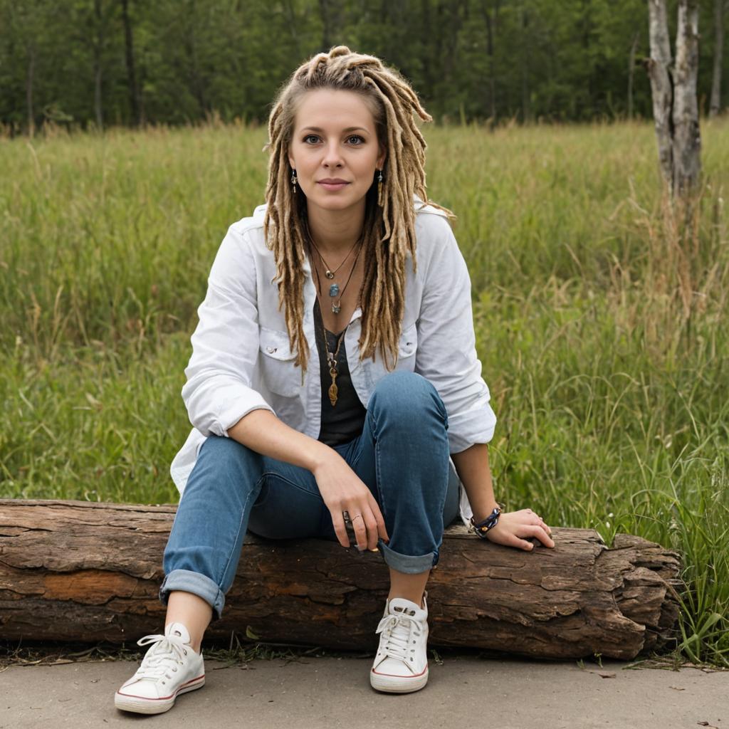 White woman with dreads sitting on a log outdoors