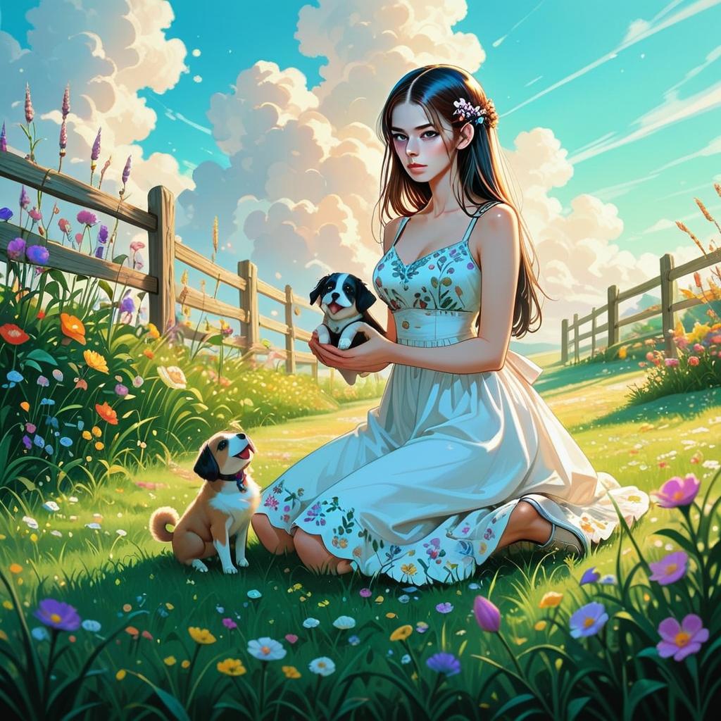Young Woman with Puppies in Flower Meadow