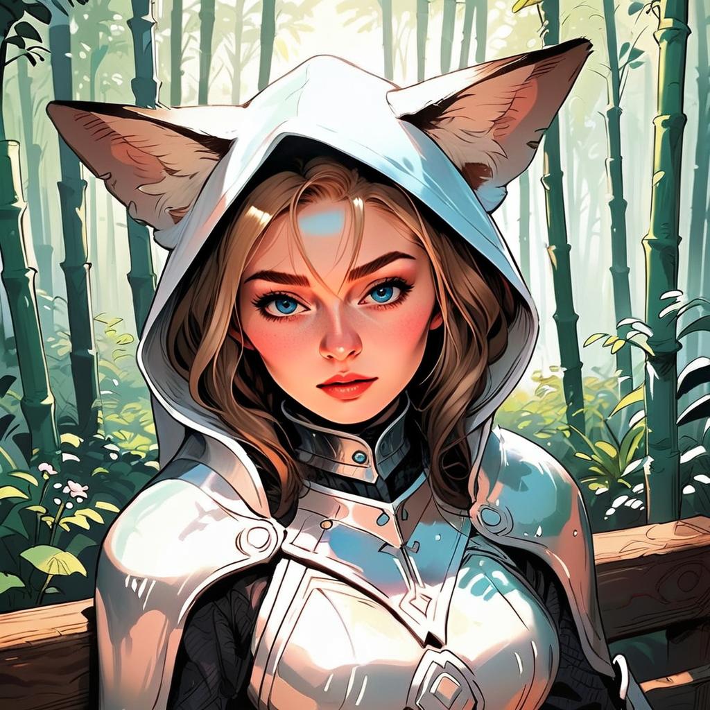 Young Woman in Armor with Cat Ears in Bamboo Forest Young Woman in Armor with Cat Ears in Bamboo Forest
