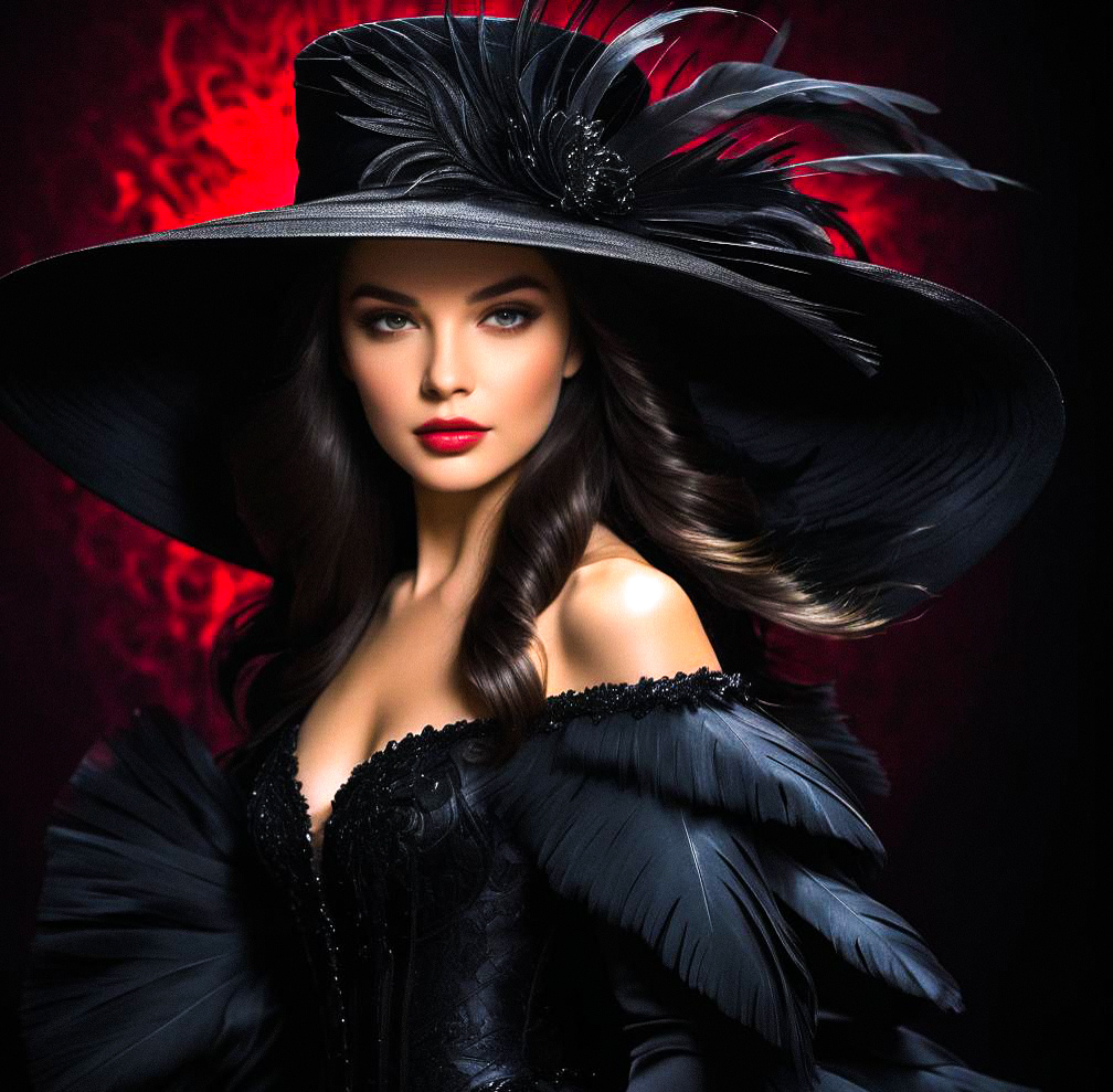 Elegant Woman in Black Outfit with Feathered Hat