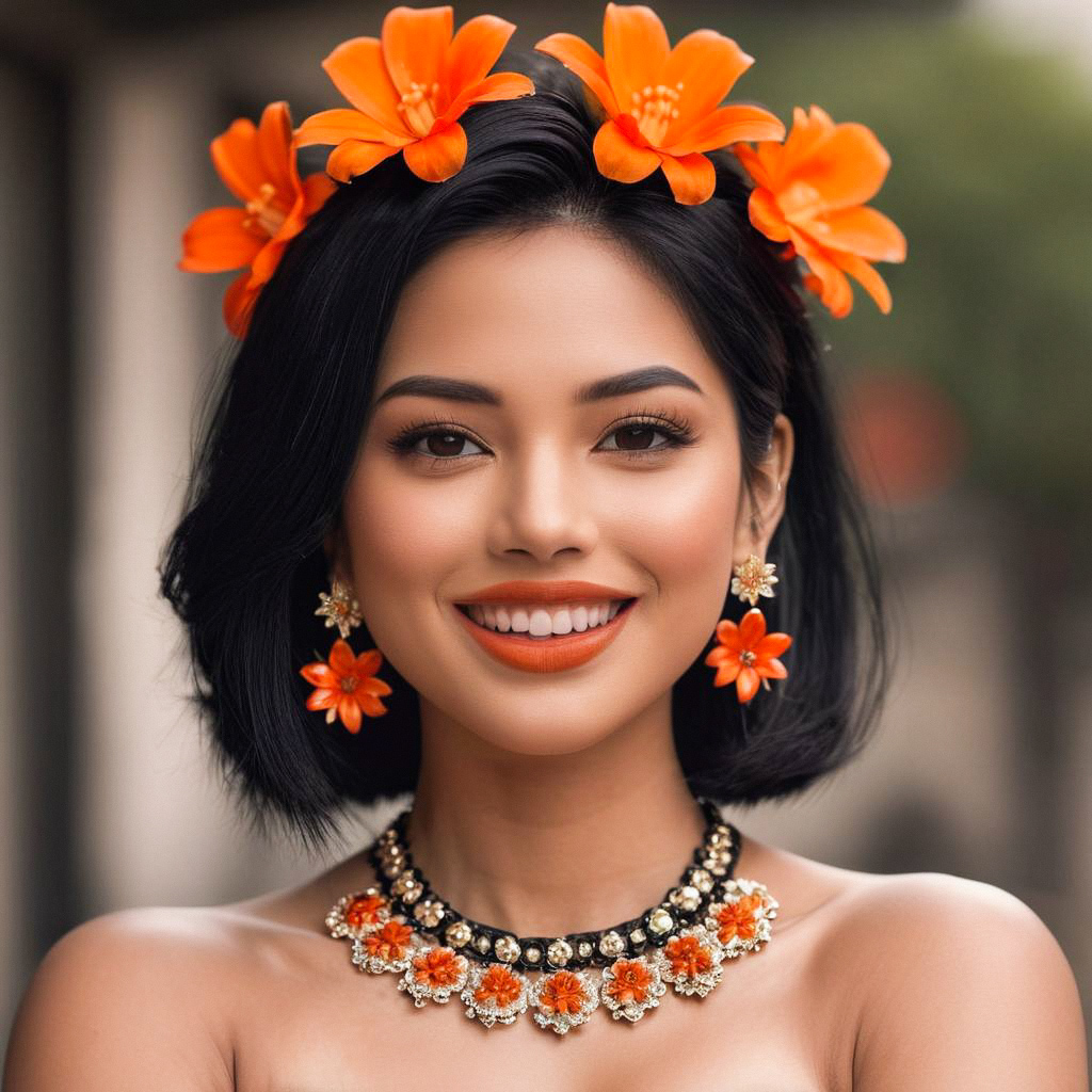 Smiling Woman with Orange Flowers and Jewelry