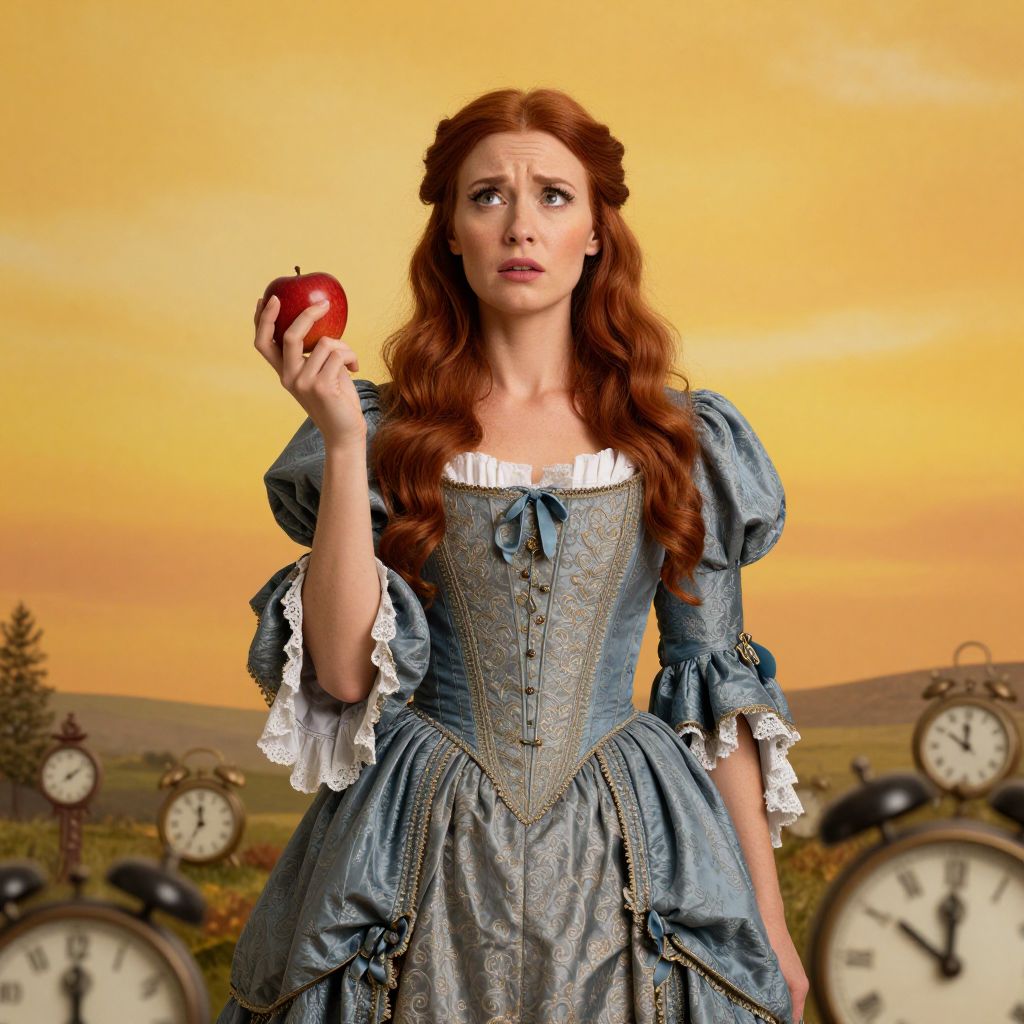 Woman in 18th Century Dress Holding Apple with Vintage Clocks Surreal Background