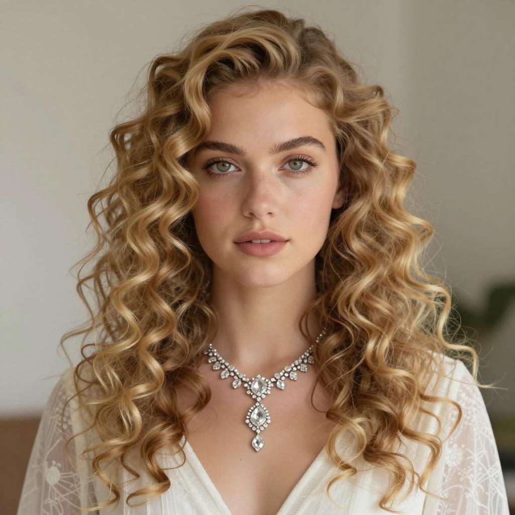 Elegant Blonde Woman with Curly Hair and Sparkling Necklace Portrait