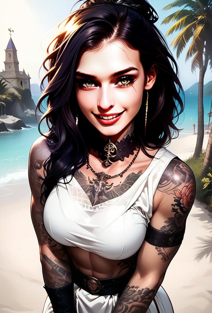 Confident Woman with Tattoos on Sunny Beach