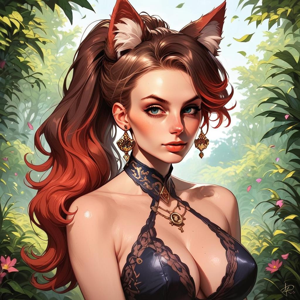 Confident Woman with Red Hair in Lush Garden