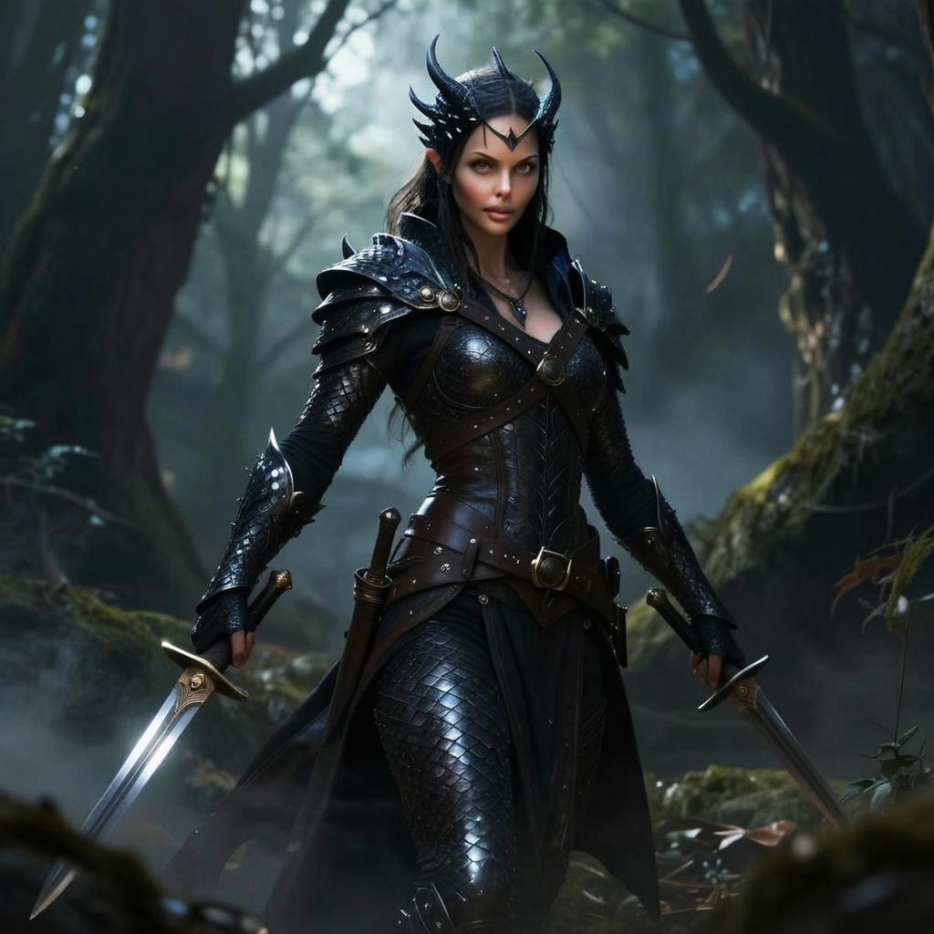 Dark Fantasy Woman Warrior in Leather Armor with Twin Swords