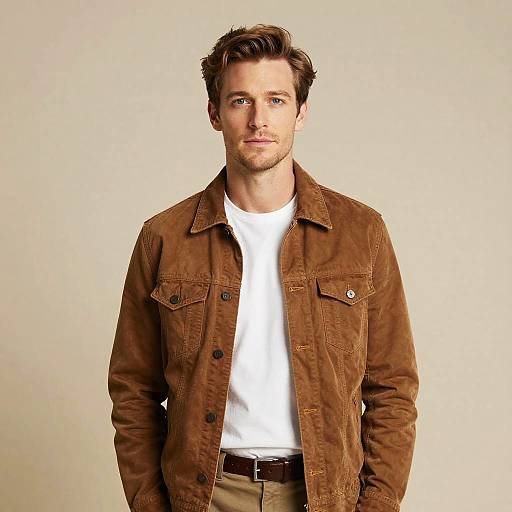 Man in Brown Suede Jacket and White Shirt Standing Against Neutral Background
