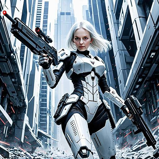 Futuristic Woman Soldier in Cybernetic Armor with Dual Rifles in Sci-Fi City