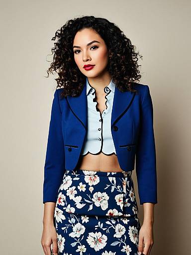 Stylish Woman in Blue Blazer and Floral Skirt Fashion Portrait