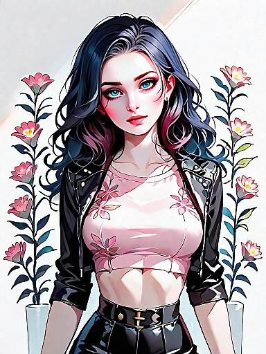 Stylish Young Woman in Floral Top and Leather Jacket Digital Art