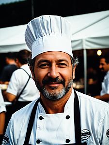 Candid Portrait of Man in Chef Costume at Festival with Cinematic Tones