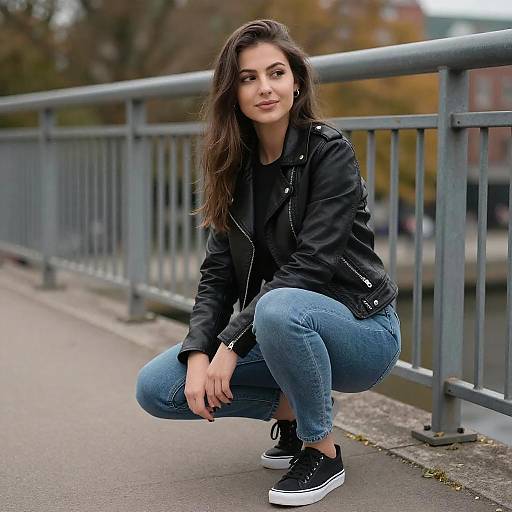 Confident Young Woman in Leather Jacket and Denim Jeans on Urban Sidewalk