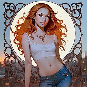 Confident young woman with red hair in crop top and jeans