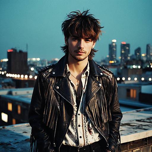 Young Man in Leather Fringe Jacket on Rooftop with Urban Skyline Background