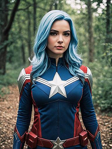 Woman in Realistic Crystal Marvel Comics Cosplay Costume with Blue Hair