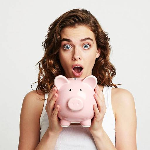 Surprised Woman Holding Pink Piggy Bank Expressing Financial Excitement