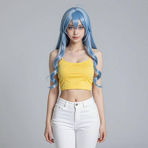 Young Woman with Blue Hair in Yellow Crop Top and White Pants