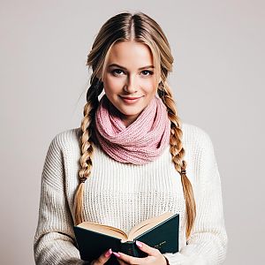Smiling Woman with Book in Cozy Sweater