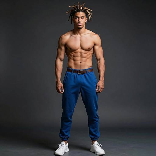 Gen Z Fit Young Man in Blue Joggers and White Sneakers