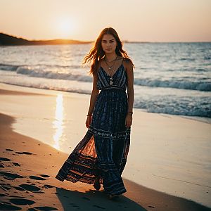 Woman in Boho Maxi Dress Walking on Beach at Sunset