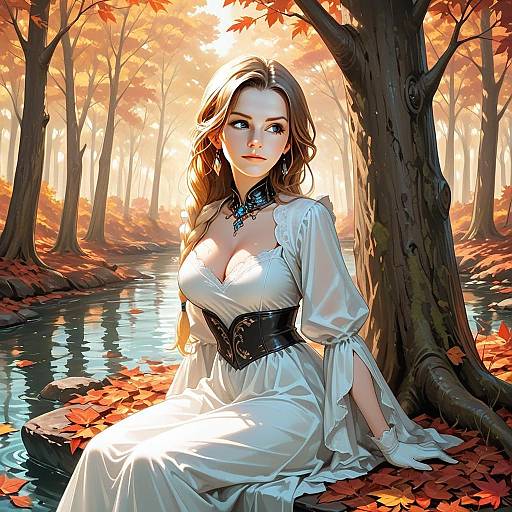 Autumn Woman in White Gown by River Digital Illustration