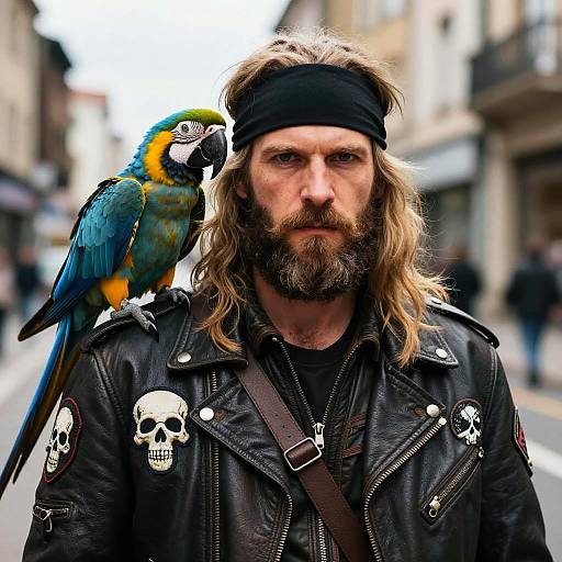 Man in Leather Jacket with Parrot on Shoulder Urban Street Style