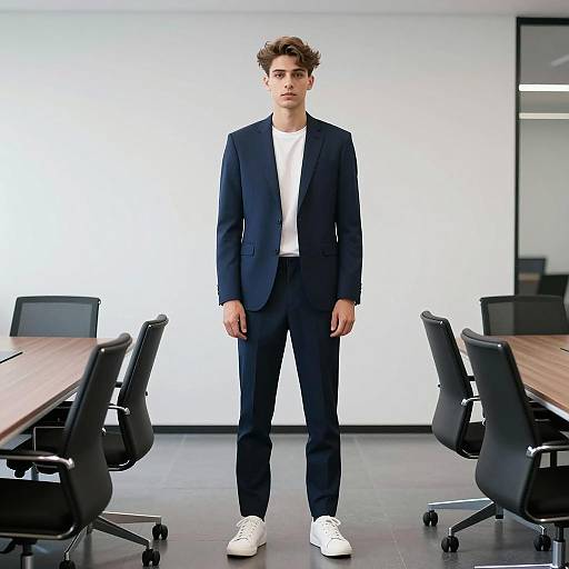 Young Man in Navy Blue Suit and White Sneakers in Modern Office
