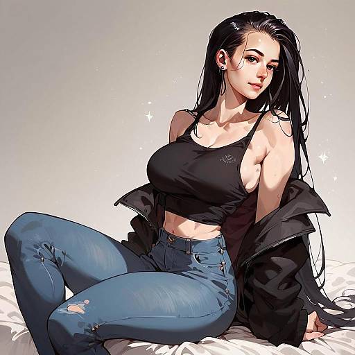 Anime Style Illustration of Young Woman in Casual Outfit Sitting on Bed