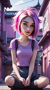 Stylized 3D Young Woman with Pink Hair in Urban Street