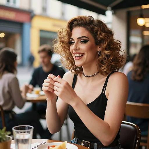 Trendy Gen Z Woman Enjoying Time at Café with Curly Hair and Bold Makeup