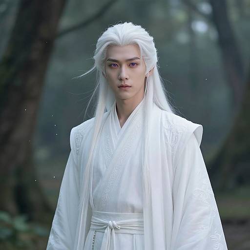 Mystical Man in White Traditional Robe with Long White Hair in Forest