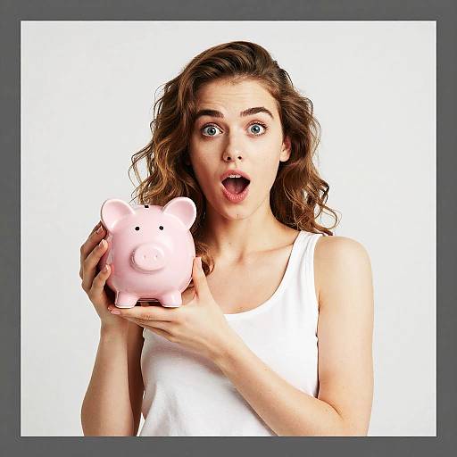 Surprised Woman Holding Pink Piggy Bank Saving Money Concept