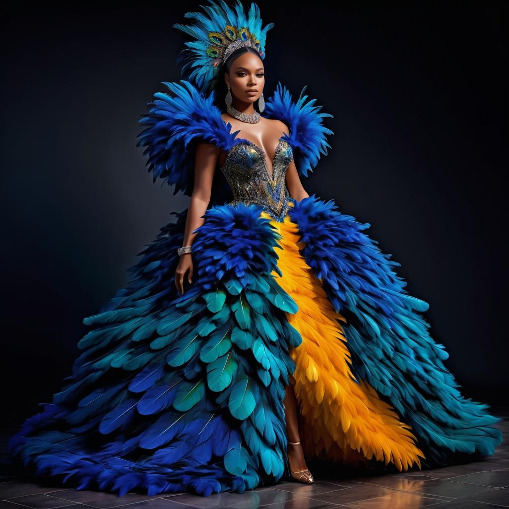 Elegant Model in Blue and Yellow Feather Gown