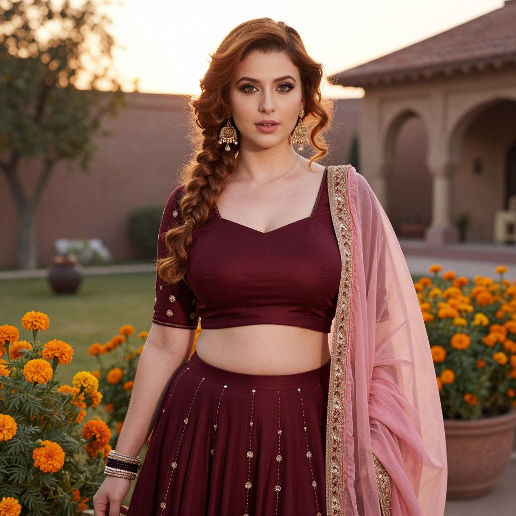 Woman in Maroon Traditional Indian Outfit with Pink Dupatta in Garden
