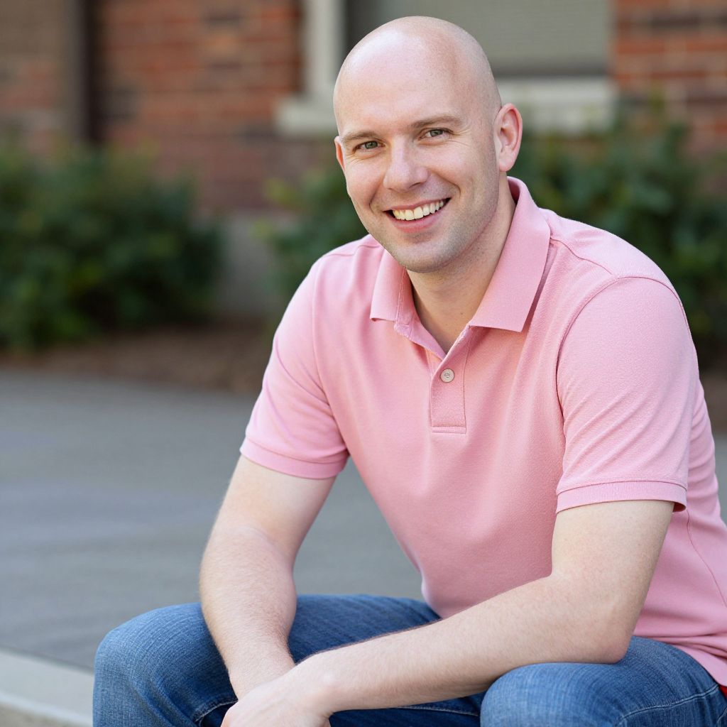 Smiling Bald Man in Pink Polo Shirt Sitting Outdoors