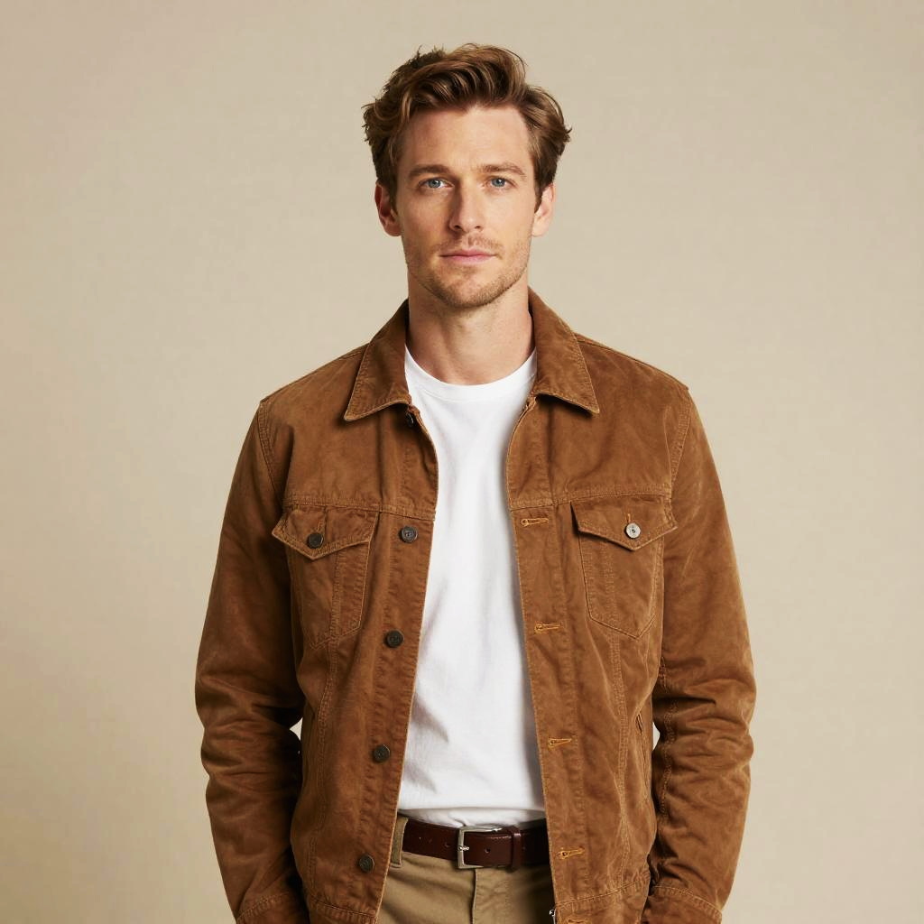 Man in Brown Suede Jacket and White Shirt Standing Against Neutral Background